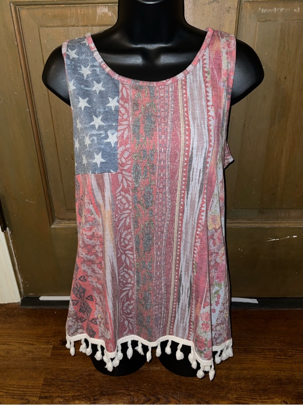 12 Pm By Mon Pink Red Blue Americana Stripe Tassel Sleeveless Tank Top Size S